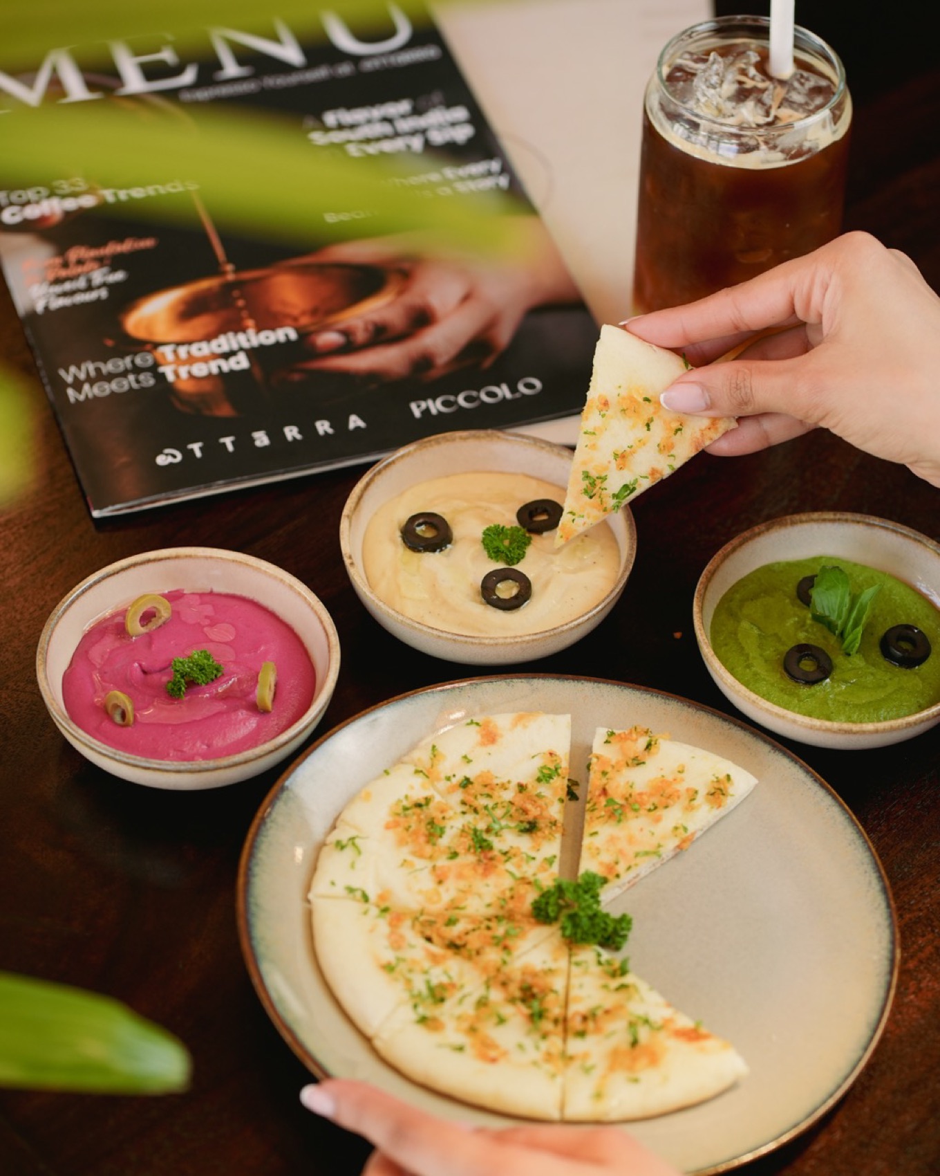 Tri-hummus & pita, table-side